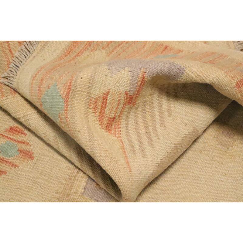 Hand Woven Oriental 100% Wool Carpet Southwestern Tribal Beige & Ivories Kilim Runner Rug - 9' 10'' X 2' 10''