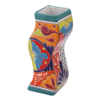 Novica Handmade Wavy Talavera Ceramic Vase