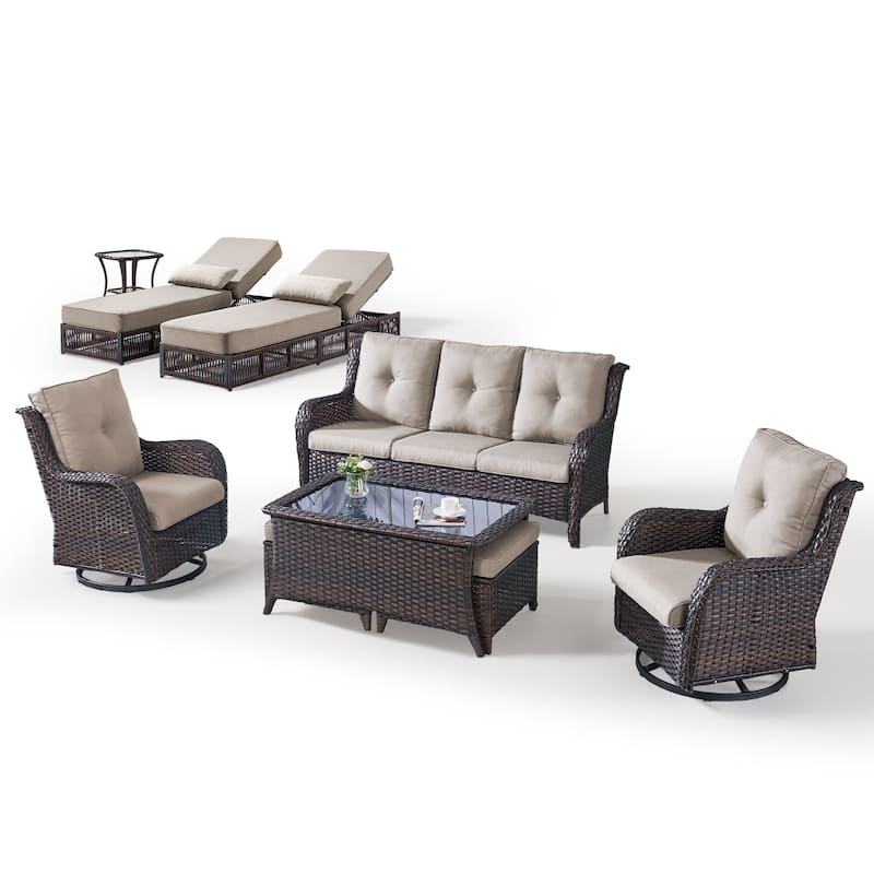 Gymojoy Luxury Outdoor Wicker Patio Furniture with 3 Seat Sofa, Chaise Lounge Chair，Swivel Chair, Rattan Coversation Set
