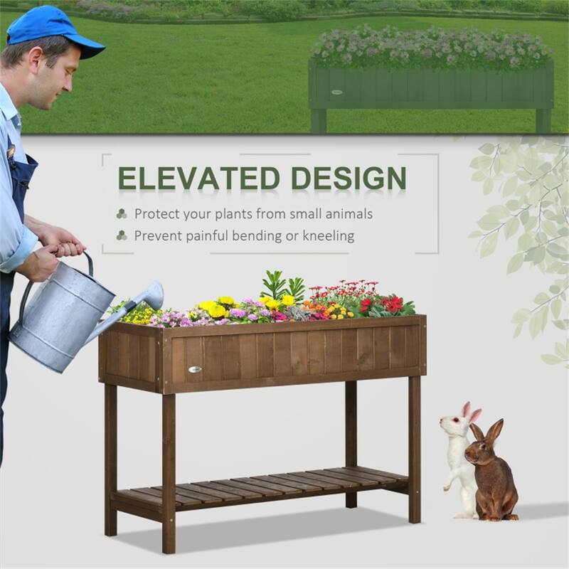 Dark Brown Fir Wood 8-Compartment Raised Garden Bed with Shelf - 43.25" L x 18" W x 30" H