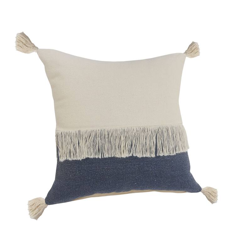 20" Blue and White Fringe Color Block Square Throw Pillow