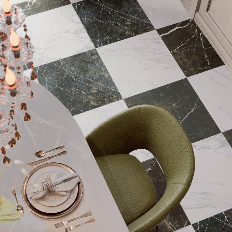 Merola Tile Reve Checker Blanc with Noir 23-1/2" x 23-1/2" Porcelain Floor and Wall Tile