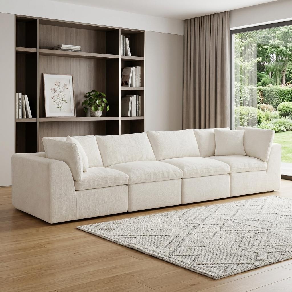 HomeRoots 138" Beige Chenille Modular Sofa With Toss Pillows