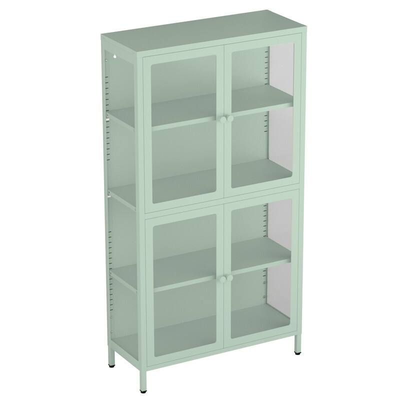Storage Cabinet with 4 Glass Doors, Modern Sideboard Cabinet with Adjustable Shelves & Steel Feet, Accent Cabinet for Kitchen