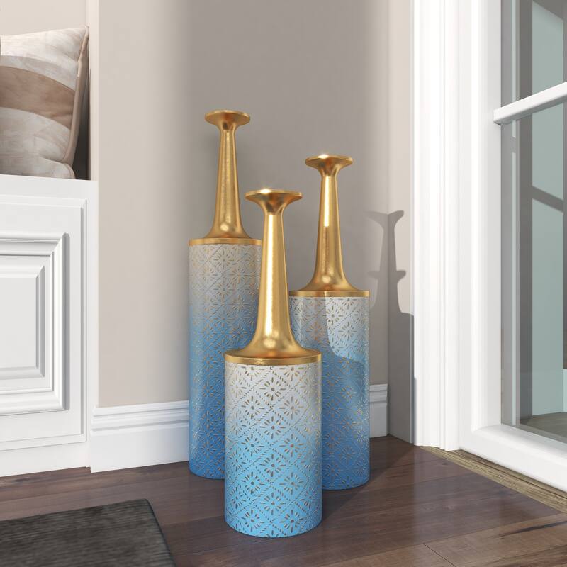 Blue Metal Floral Decorative Vase with Gold Top (Set of 3)
