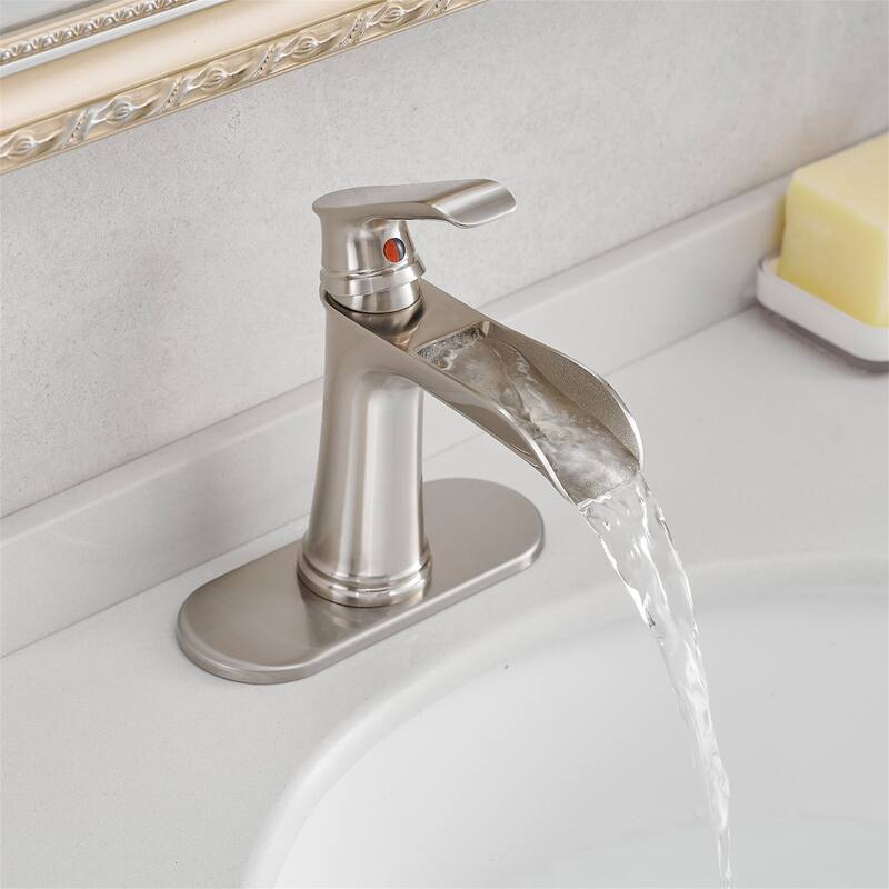 Single Handle Waterfall Bathroom Faucet with Drain Assembly Brass 1 Hole Modern Bathroom Sink Vanity Taps with Deck Plate - Brushed Nickel