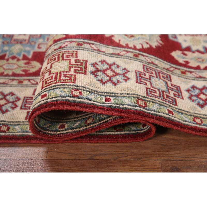 Hand Knotted Oriental 100% Wool Carpet Traditional Geometric Red Kazak Runner Rug - 6' 8'' X 2' 10''