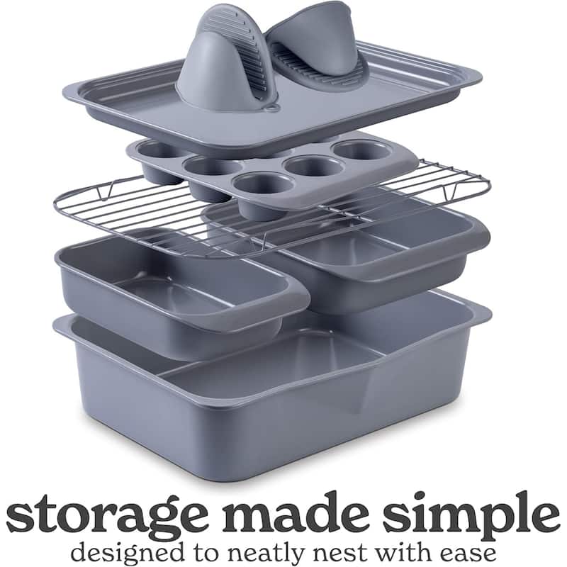 Country Kitchen 8-Piece Bakeware Set, Nonstick Baking Pans & Nesting Baking Sheets, Durable Steel, Grey