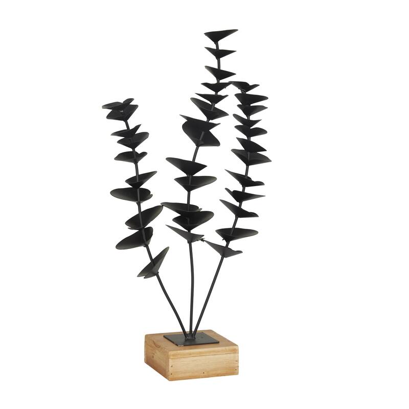 Black Metal Leaf Decorative Sculpture with Wood Base