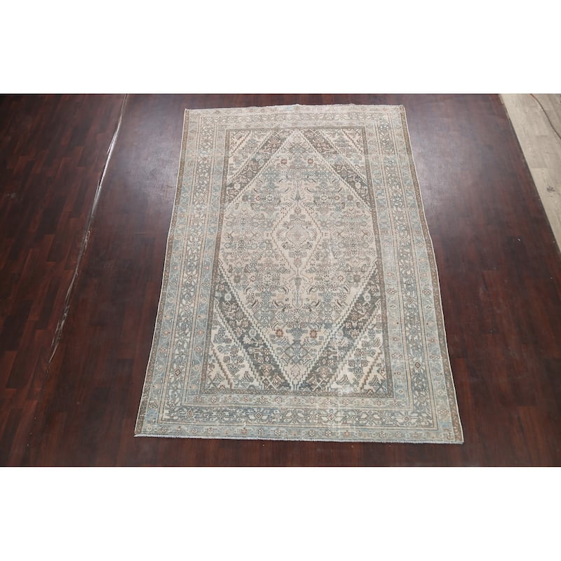Distressed Geometric Hamedan Persian Area Rug Wool Handmade Carpet - 6'8" x 9'11"