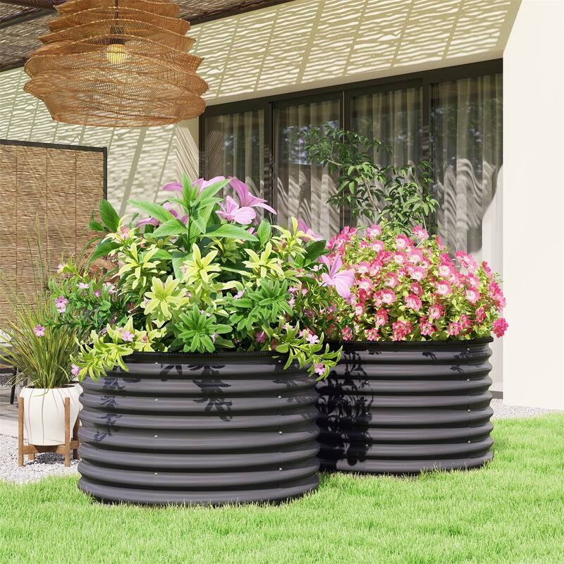 Set of 2 Galvanized Steel Raised Garden Beds Planters for Flowers Herbs Vegetables