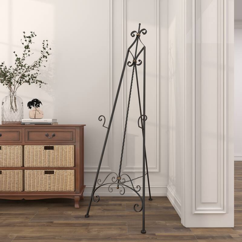 Black Metal Tall Adjustable Scroll Display Easel with Gold Accents