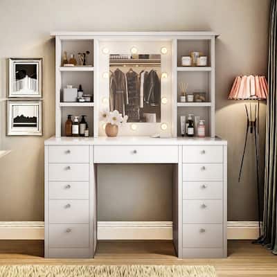 Vanity Desk with LED Lighted Mirror, Makeup Vanity w/ 11 Drawers & Hidden Wiring, Dressing Table Vanity Table w/ Storage Shelves