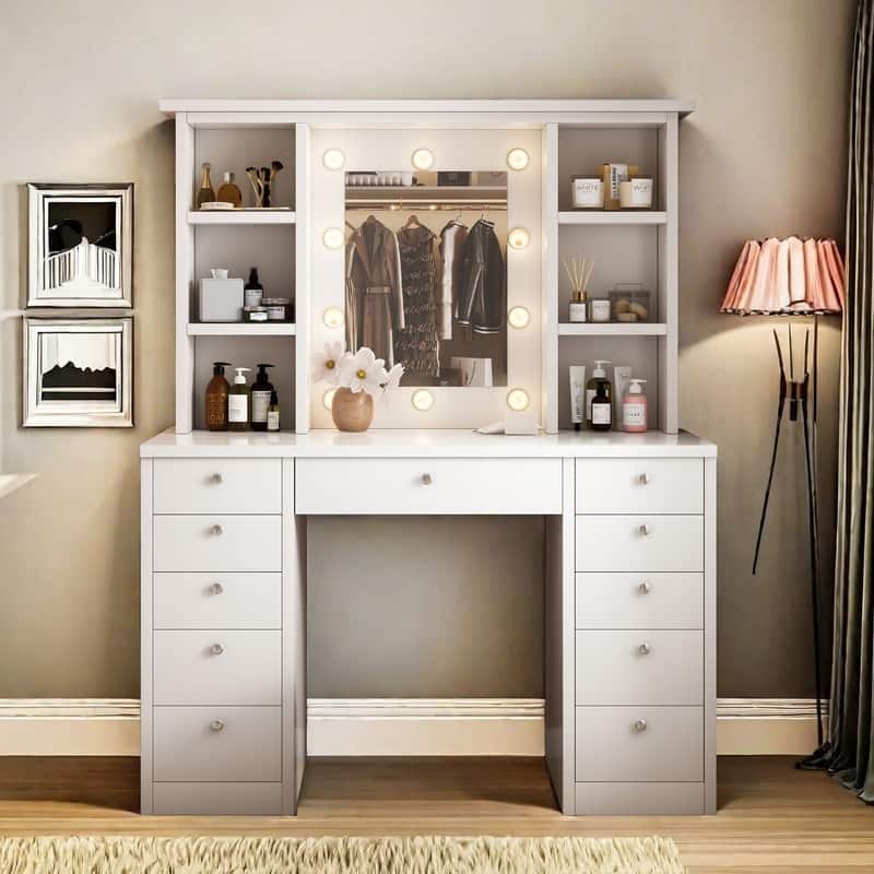 Vanity Desk with LED Lighted Mirror, Makeup Vanity w/ 11 Drawers & Hidden Wiring, Dressing Table Vanity Table w/ Storage Shelves