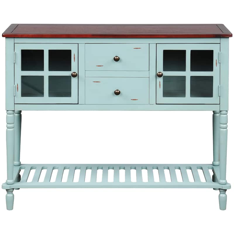 Sideboard Console Table with Bottom Shelf, Farmhouse Wood/Glass Buffet Storage Cabinet Living Room
