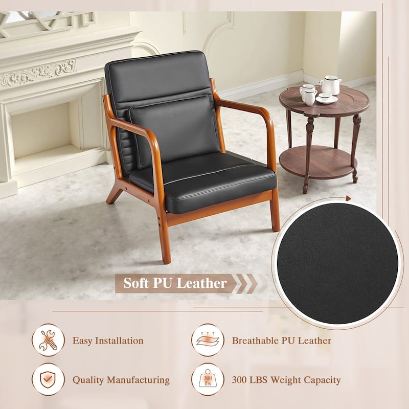 VECELO Black PU Leather Accent Chair Armrests Lounge Chair with Removable Throw Pillow 300lbs Heavy Duty Chair for Living Room