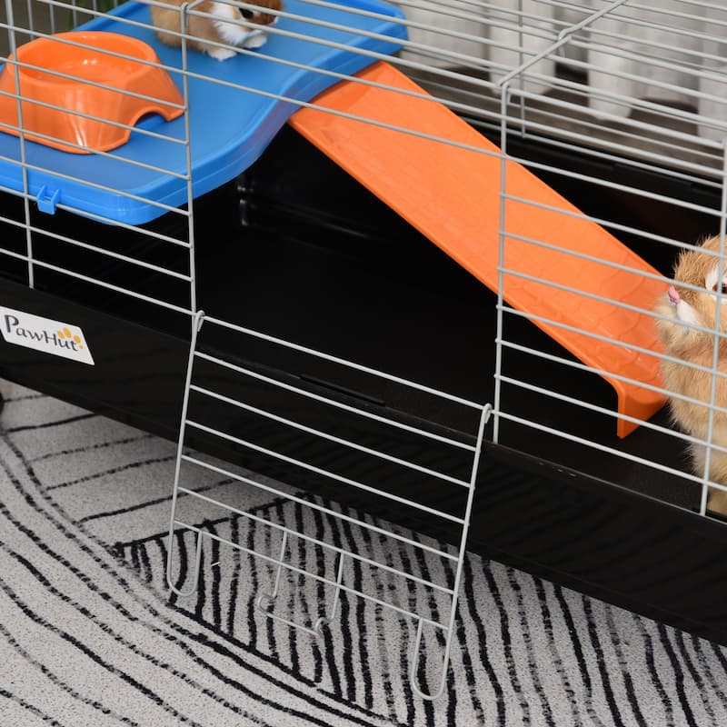 PawHut 35"L Small Animal Cage, Rolling Bunny Cage, Guinea Pig Cage with Food Dish, Water Bottle, Hay Feeder, Platform