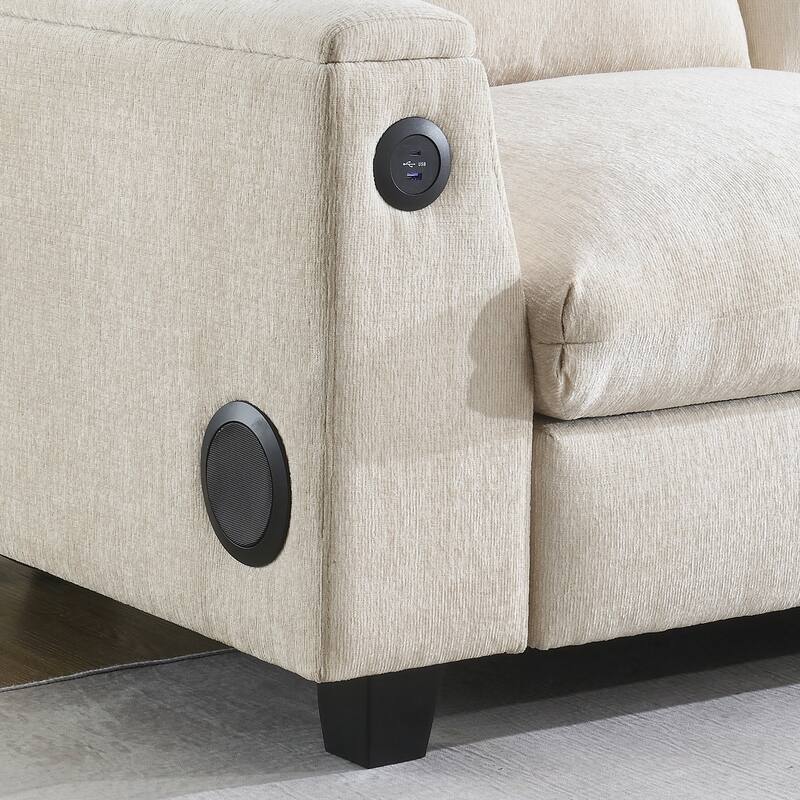 Chenille Sectional Sofa With Bluetooth Speaker,Cloud Couch Set With Drop Down Table,Cup Holders,Usb Charger,Storage Armrest