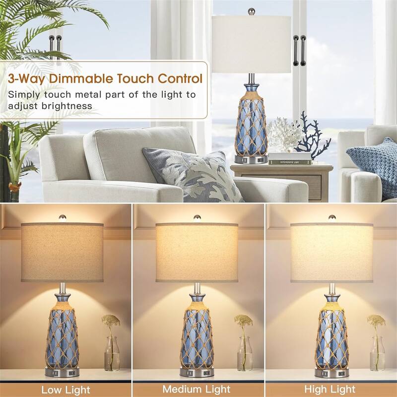 3-way dimmable touch control bedside lamp with 2 USB ports