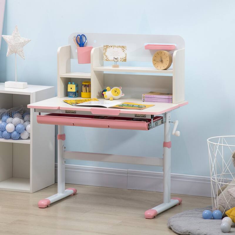MDF Wood Kids Desk and Chair Set for 3-6 Years Old with Storage Drawer and Compartment - 31.5" L x 15.25" W x 23.25" H - Pink-White