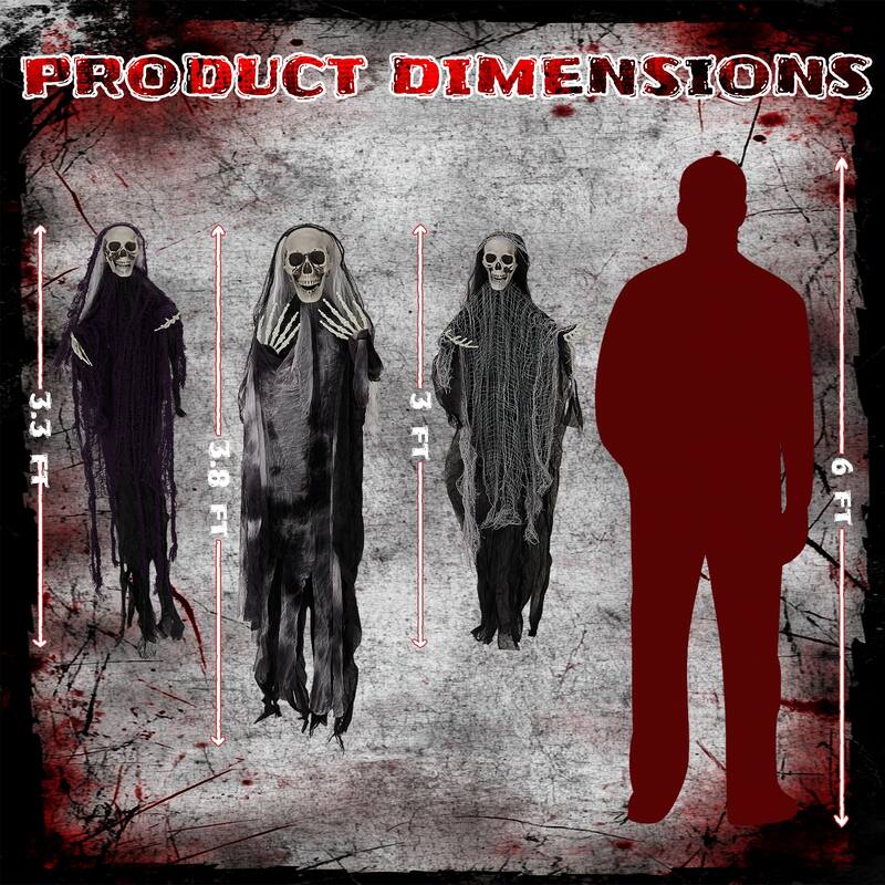 3-Pack Hanging Grim Reaper Decorations with Scary Skull Heads and Tattered Robes for Halloween