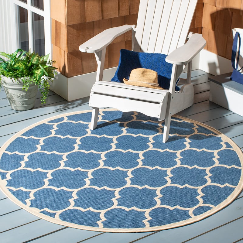 SAFAVIEH Courtyard Kathy Indoor/ Outdoor Waterproof Patio Backyard Rug - 4' x 4' Round - Blue/Beige