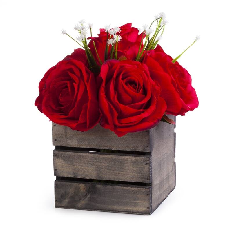 Enova Home Artificial Mixed Silk Roses Fake Flowers Arrangement with Wood Planter for Home Wedding Centerpiece - Red