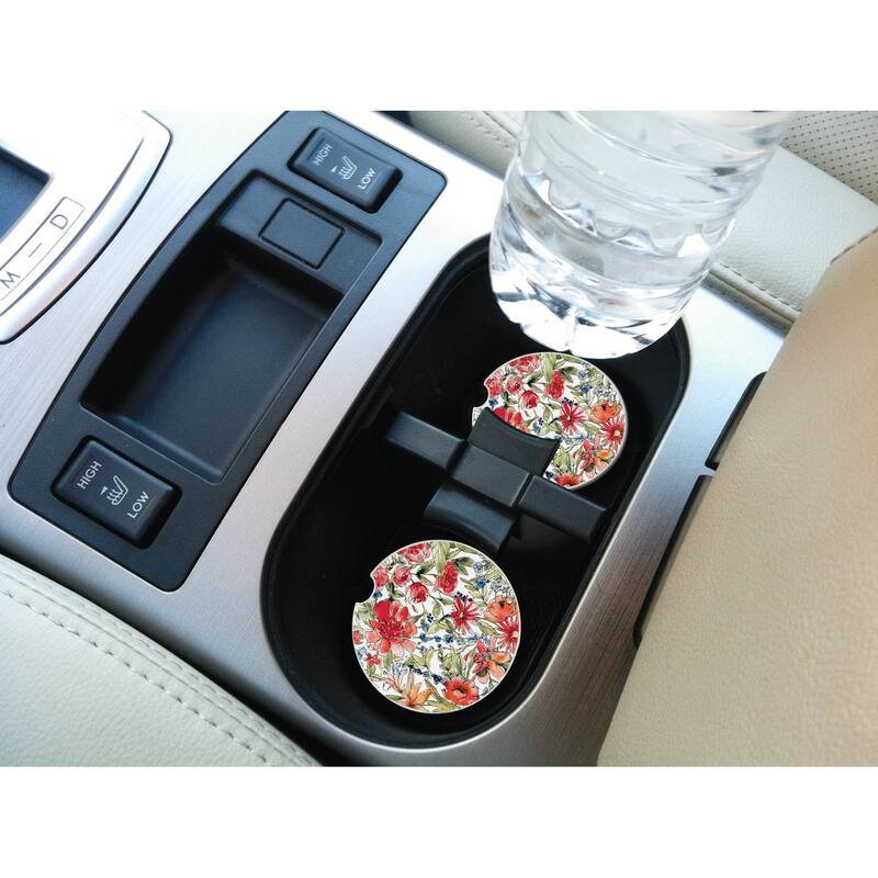 Counterart Absorbent Stoneware Car Coaster, Americana Mood - Floral, Set of 2 - 2.5