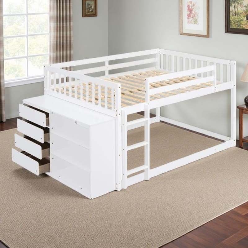 Full Size Bunk Bed with Drawers, Shelves & Reversible Ladder, Durable Solid Wood Structure - White