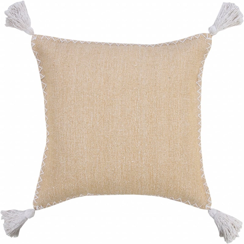 HomeRoots 20" X 20" Brown and White Cotton Zippered Pillow With Embroidery, Tassels