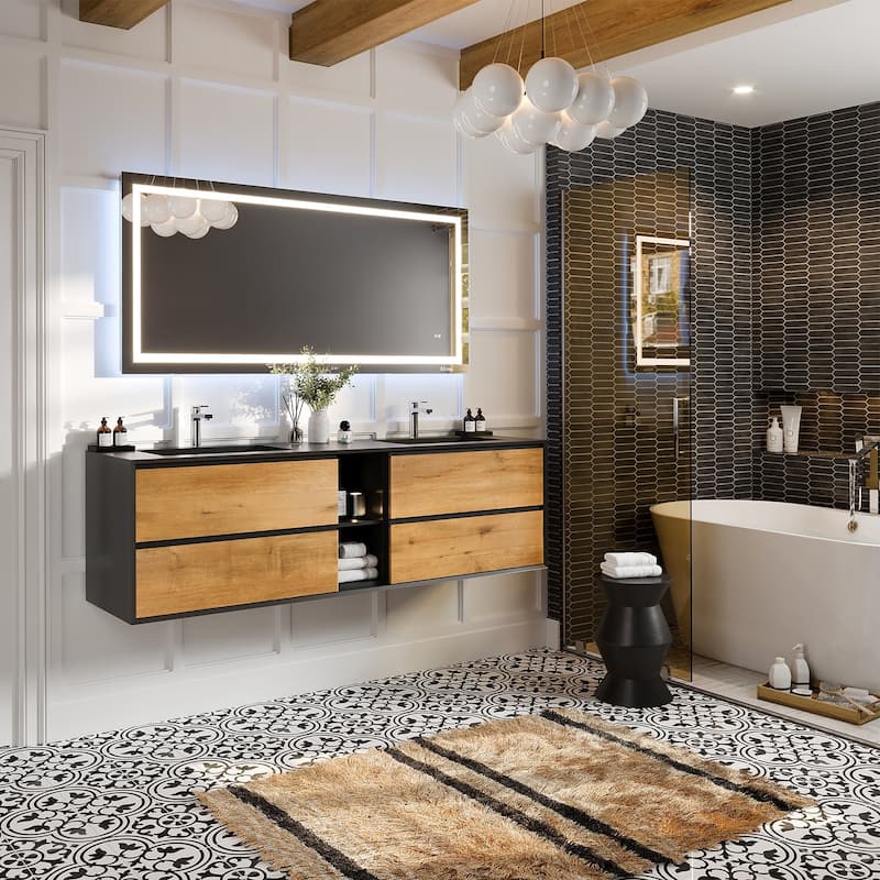 Vienna 75" White Oak with Black Frame DS Bath Vanity with Integrated Acrylic Top