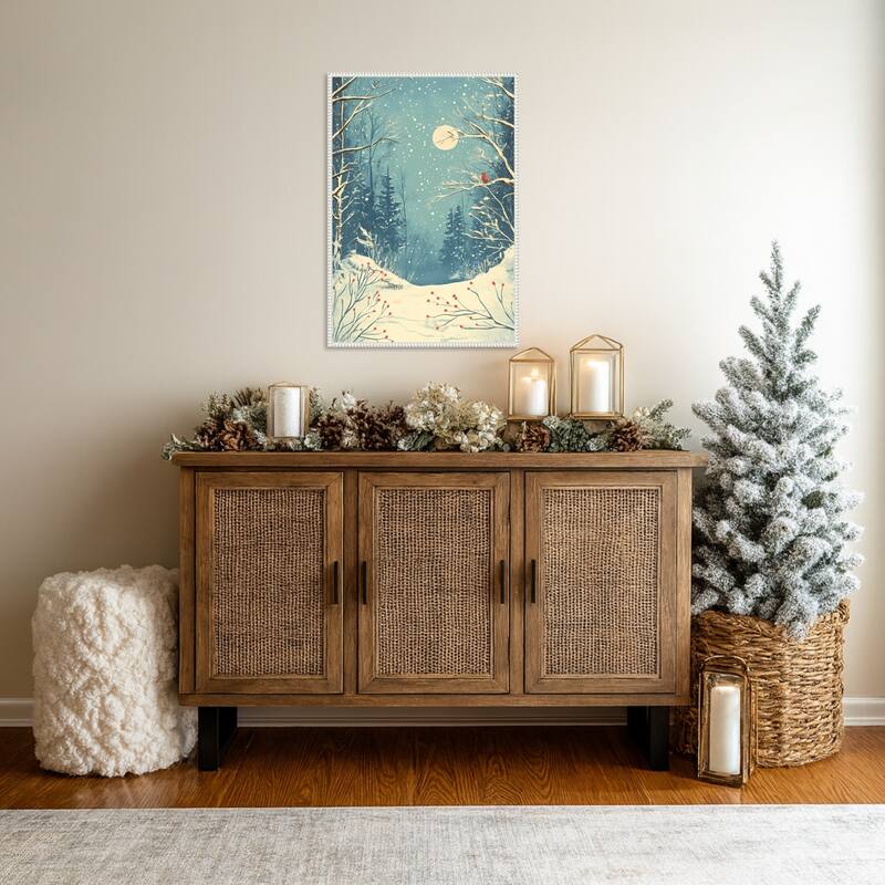 Red Bird in Snowy Forest by Pictufy Studio Framed Canvas Wall Art Print - Sylvie Beaded White