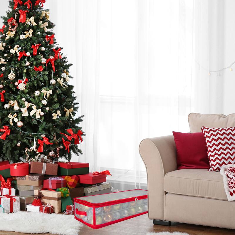 Transparent Zip Up Christmas Storage Box - 29" - Holds 80 Ornaments - Red and Clear