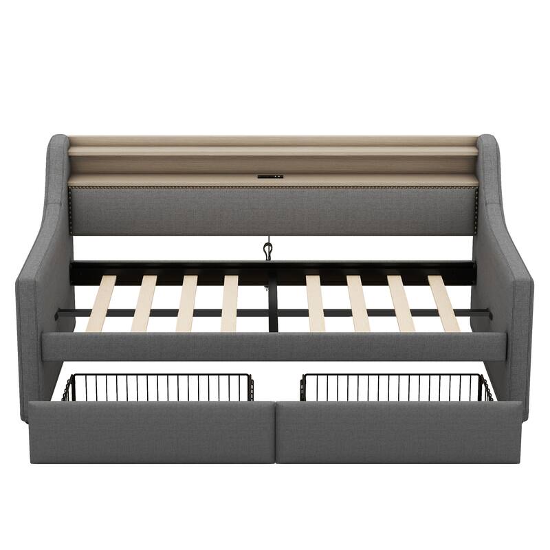 Roomfitters Upholstered Twin Daybed with Storage Drawers, Built-in Charging Station & Lighting Headboard
