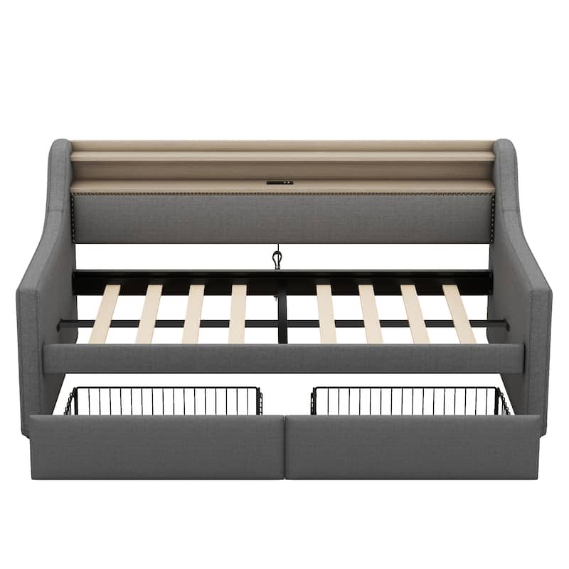 Upholstered Daybed with Storage Drawers and Charging Station