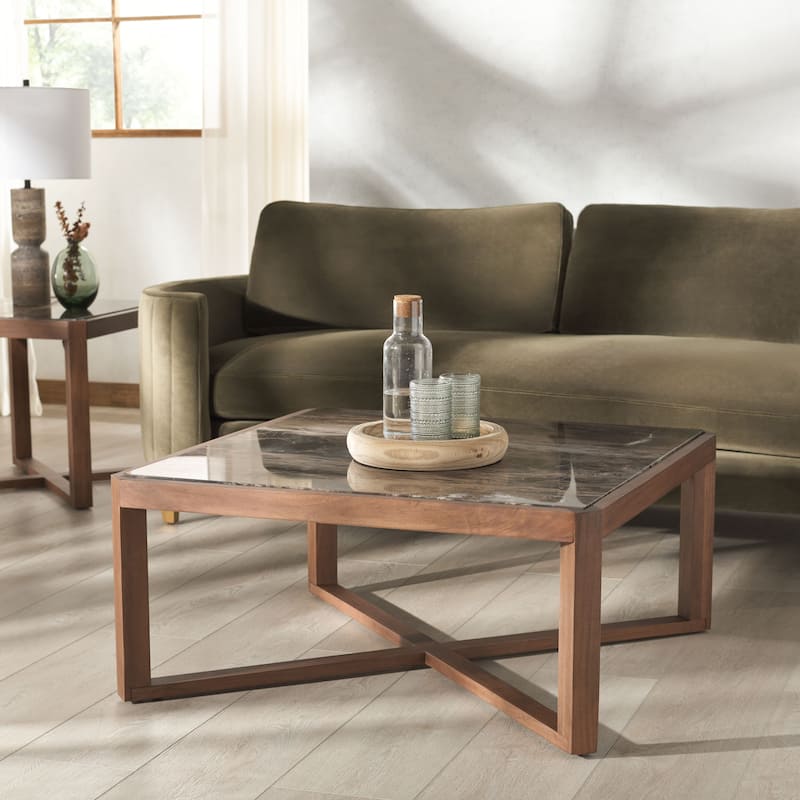 SAFAVIEH COUTURE Bernardi Marble Top Coffee Table - 35"W x 35"D x 35"H - Walnut/Brown