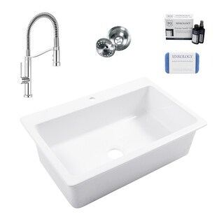 Jackson Crisp White Fireclay 33" Single Bowl Drop-In Kitchen Sink (1 Hole) with Bruton Chrome Faucet Kit