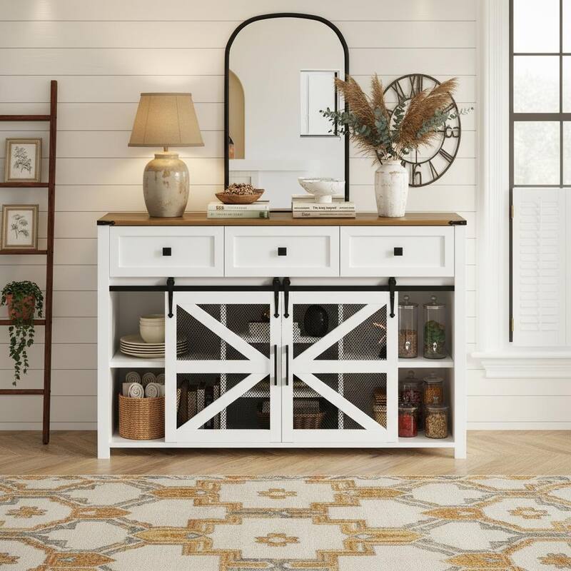 Industrial-Farmhouse Sliding Barn Door Sideboard with Metal Mesh & 3 Deep Drawers by Harper&Bright Designs - White