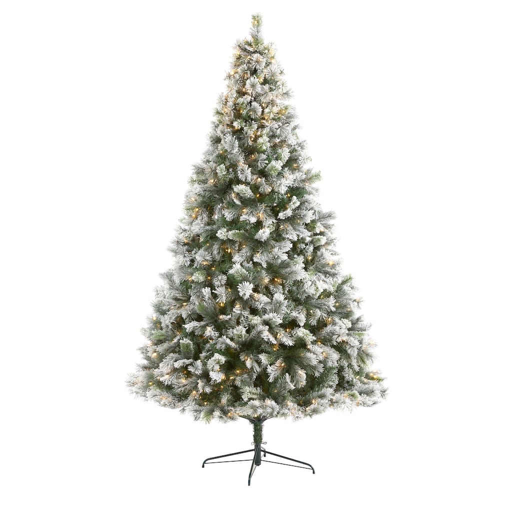 9ft Flocked Christmas Tree with Lights - Prelit Artificial Pine Holiday Decor - Green - 108