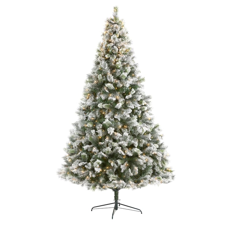 9ft Flocked Christmas Tree with Lights - Prelit Artificial Pine Holiday Decor - Green - 108