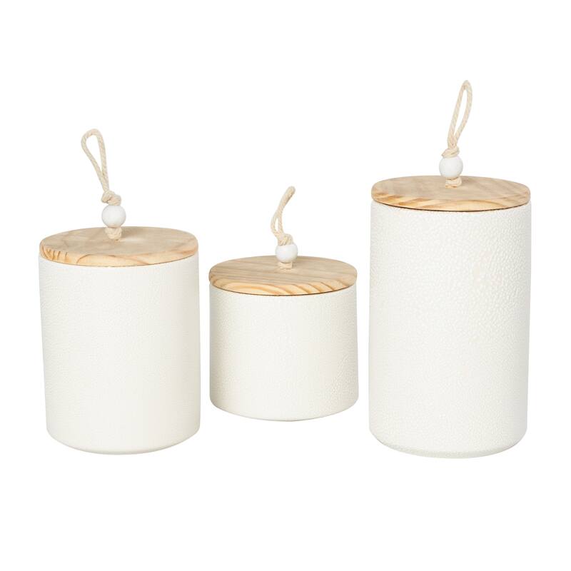 Cream or Blue Ceramic Canisters with Brown Wood Lids and Beaded Accents (Set of 3)