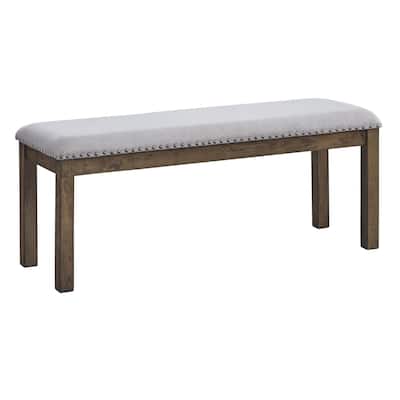 Nailhead Trim Wooden Dining Bench with Fabric Upholstery, Brown and Gray