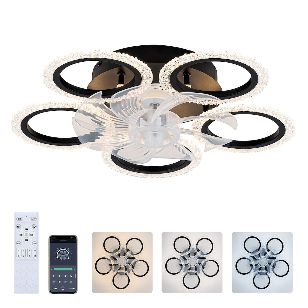20"Modern Ceiling Fan with Lights Remote Control.Black, 6 Speeds 3 Light Color Low Profile Flush Mount Ceiling Fan