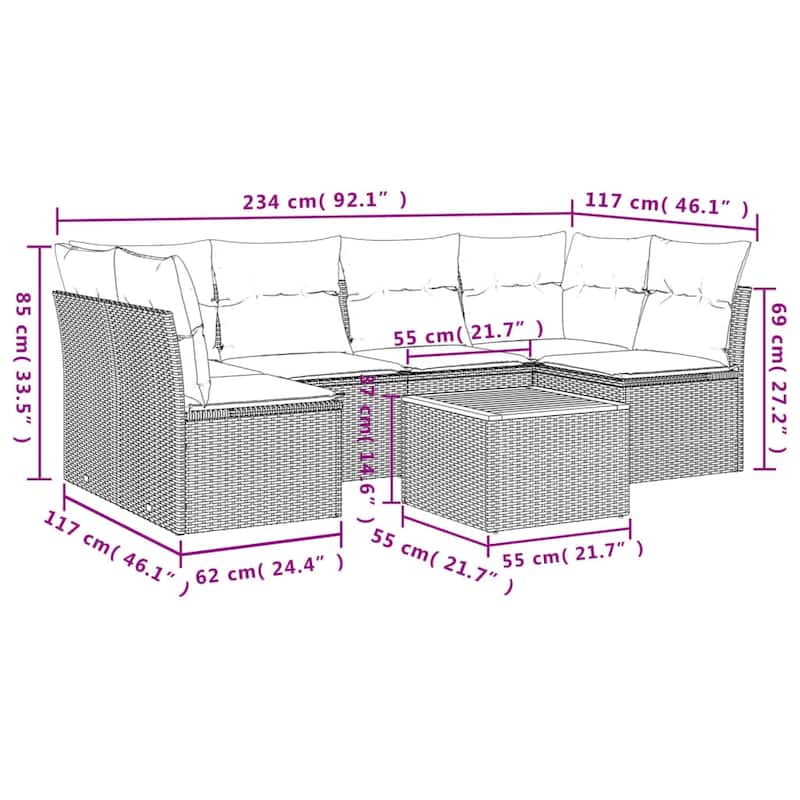 vidaXL Patio Sofa Set with Cushions Outdoor Furniture 7 Piece Poly Rattan - 24.4" x 24.4" x 27.2"