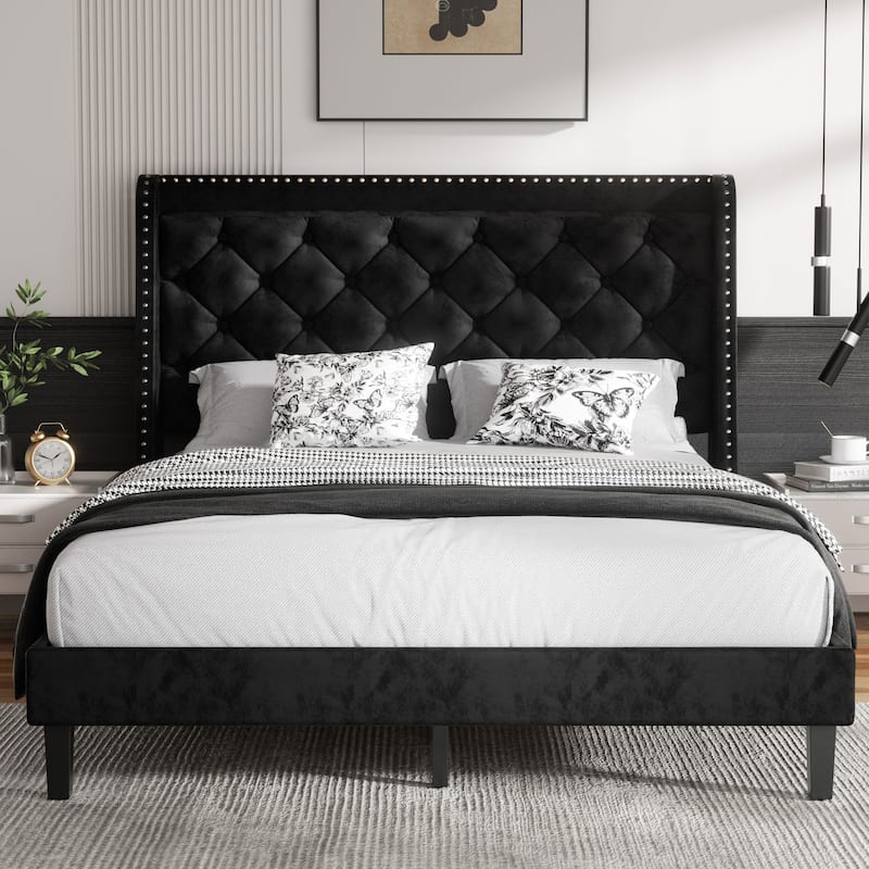 Diamond Tufted Queen Size Bed Frame – Faux Leather & Velvet Options with Button Tufted Headboard, Under-Bed Storage