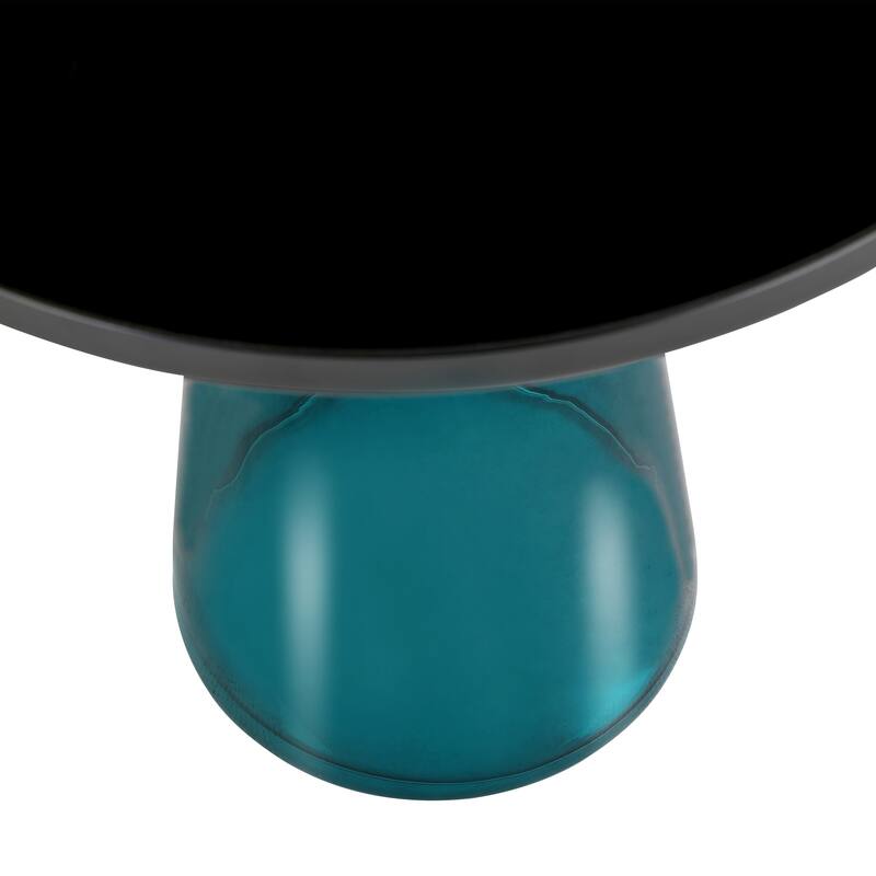 19-Inch Side Table Round Glass/Stone Tabletop End Table with Black Iron Rim and Glass Base