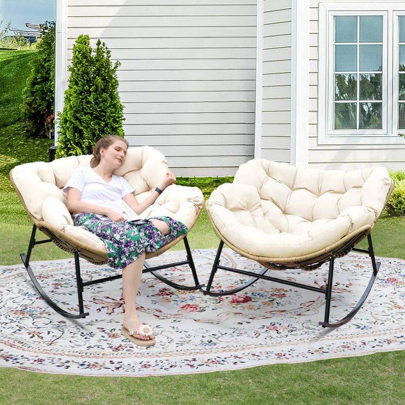 FINCATI Indoor Outdoor Royal Papasan Rocking Chair, 450 lbs Capacity Outdoor Papasan Rocking Chair with Padded Cushion