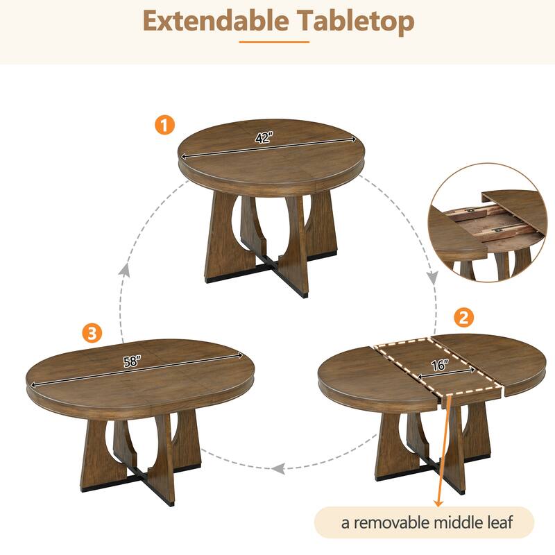 5-Piece Retro Dining Table Set, Extendable Round Table with Removable Leaf