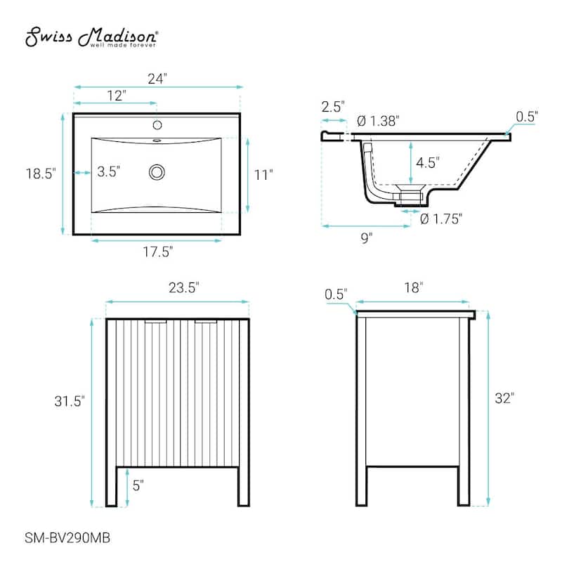 Swiss Madison SM-BV290MB Bastille 24" Free Standing Single Basin