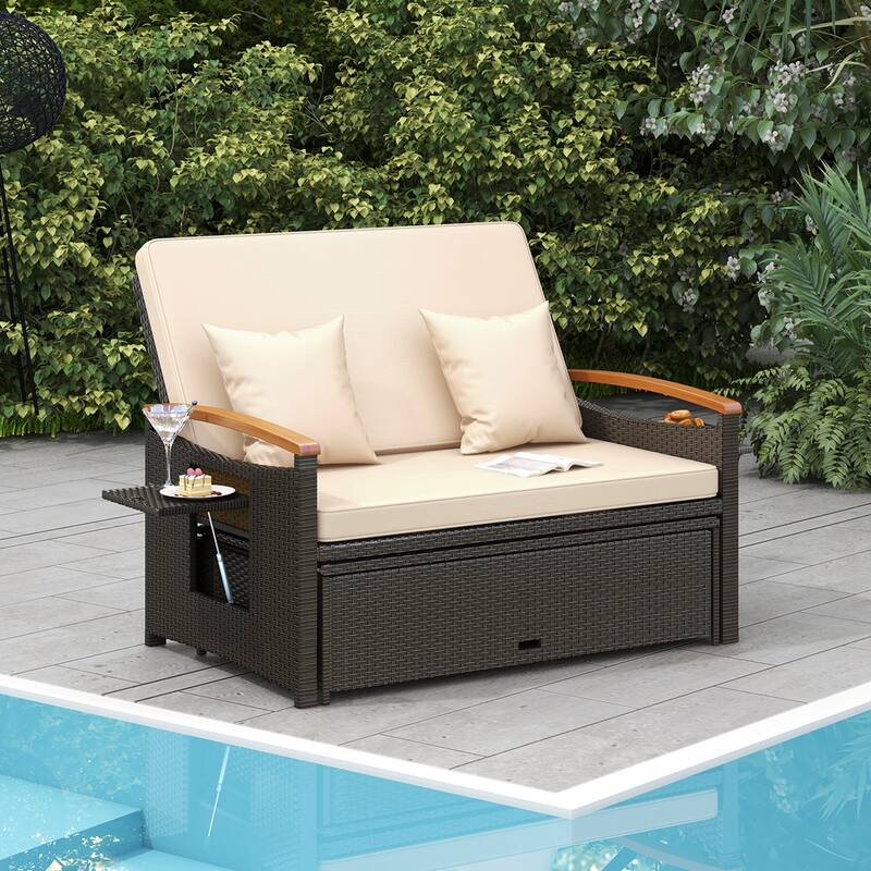 Costway Patio Rattan Daybed Set with Cushioned Loveseat & Storage - See Details - Beige